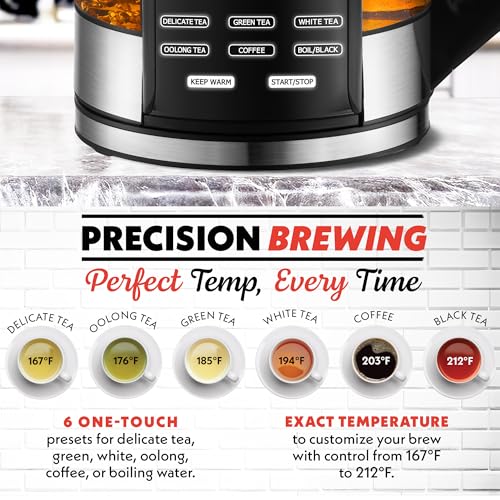 Gourmia Electric Glass Kettle – 1.7L Programmable Tea & Coffee Brewer with Digital Touch Display, 6 Presets, Removable Stainless Steel Infuser, Cordless with 360° Swivel Base, Black