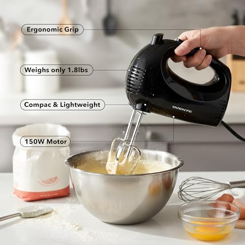 OVENTE 5-Speed Corded Electric Hand Mixer with Stainless Steel Whisks, Compact Portable Design with Snap-On Storage Case,150W Lightweight Handheld Mixer for Baking & Cooking, Black HM151B