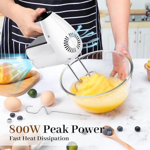 5-Speed Electric Hand Mixer, 800W Handheld Mixer with Turbo for Baking & Cooking, Kitchen Food Mixer with Storage Case & 6 Stainless Steel Attachments (2 Beaters, 2 Dough Hooks, 2 Whisks)-White