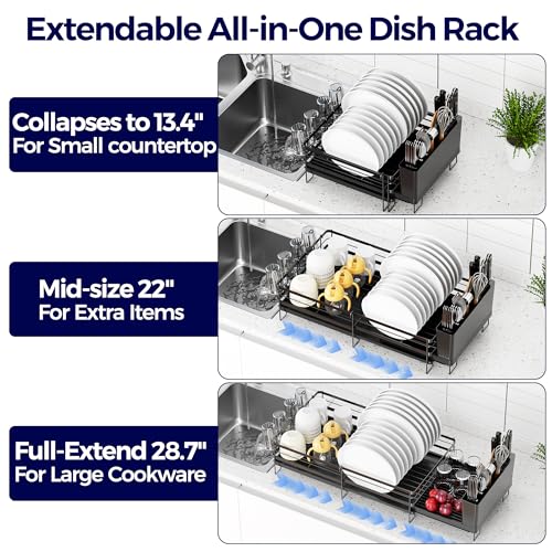 Pantasia Large Dish Drying Rack, Expandable Dish Rack for Kitchen Counter, Dish Drainer with Drainboard Set, Multifunctional Dishrack with Utensil & Cup Holder, 13.4"-28.7" L x 11.8" W x 7.8" H, Black