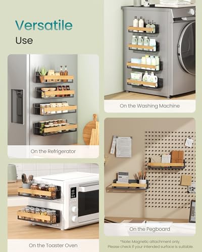 SONGMICS Magnetic Bamboo Spice Rack for Refrigerator, 4 Pack, 2 Large and 2 Small Kitchen Magnetic Shelves for Washing Machine, Spice Organizers, No Drilling Needed, Ink Black UKCS062BH01