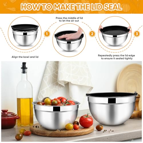 TeamFar Mixing Bowl Set of 5, 4.5/3/1.5/1/0.7 QT, Stainless Steel Metal Nesting Salad Bowl with Lid Set, Ideal for Mixing Serving, Non-Toxic & Sturdy, Airtight Lid & Easy Clean, Black