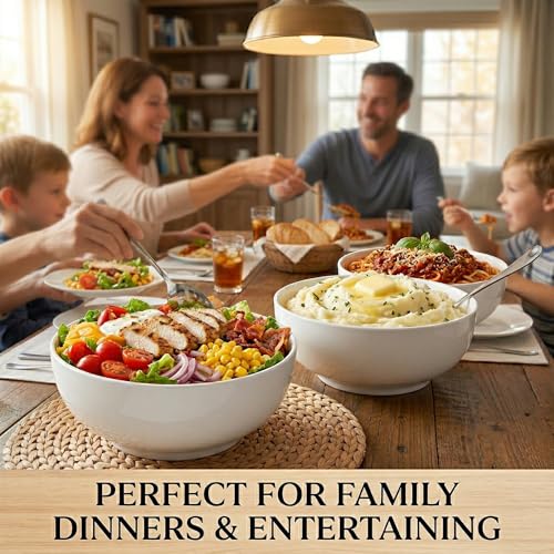 DELLING 60 Oz Large Serving Bowls Set of 3, 8 Inch White Ceramic Mixing Bowls - Soup Salad Pasta Ramen Bowls for Kitchen, Microwave Dishwasher Safe, Porcelain