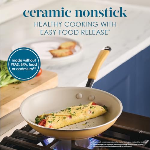 Rachael Ray Cucina Ceramic Nonstick Pots and Pans Set with Saucepans, Frying Pans, Stockpot, Lids, and Pan Protectors, 10 Piece Non Stick Cookware Set, Dishwasher Safe - Turmeric Yellow