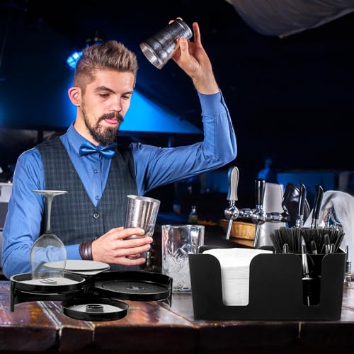 Mifoci 3 Tier Bar Glass Rimmer Bartender Tool with 12 Pcs Stainless Steel Classic Bottle Pourers, Bar Caddy with 6 Compartment, 1000 Pcs Coffee Cocktail Stirrers, 200 Napkins (Plastic)