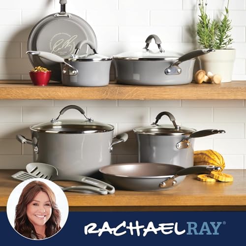 Rachael Ray Cucina Nonstick Cookware, Sea Salt Gray Pots and Pans Set, 12-Piece