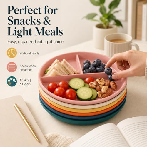 LDXDRU 12 Pack Divided Plates for Adults, 9 Inch Portion Control Plates, Reusable Wheat Straw Dinner Plates for Meal Prep, Dieting, Snacks and Everyday Meals, Microwave Dishwasher Safe, 6 Colors