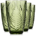 Green Drinking Glasses Set of 4, 12 oz Vintage Hand-Pressed Glass Cups, Fern Textured Highball Tumblers, Antique Style Boho Glassware for Water, Juice, Cocktails & Mocktails, Housewarming Gift Set