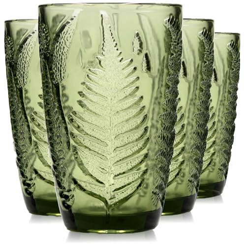 Green Drinking Glasses Set of 4, 12 oz Vintage Hand-Pressed Glass Cups, Fern Textured Highball Tumblers, Antique Style Boho Glassware for Water, Juice, Cocktails & Mocktails, Housewarming Gift Set