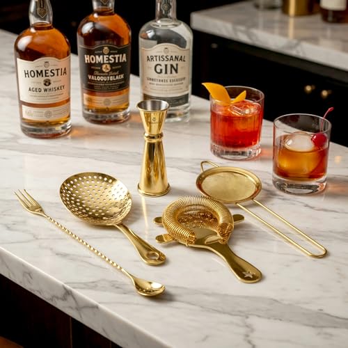 Homestia 5-Piece Gold Cocktail Strainer Set, Stainless Steel Hawthorne + Julep + Fine Mesh Strainers with Bar Spoon & Jigger, Professional Bartending Tools Bar Mixing Kit
