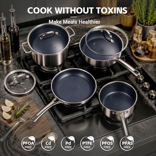 Ammeloo Hybrid Stainless Steel Cookware Set, 17-Piece Tri-Ply Pots and Pans Set Non Stick, Induction Kitchen Cookware Sets, Dishwasher & Oven Safe, PFOA Free, All Cooktops Compatible, Navy Blue