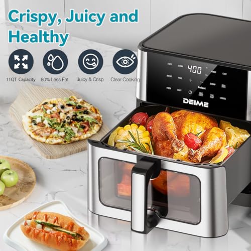 DEIME Air Fryer 10.2 QT, 1700W Large Capacity with 10 Preset, Visual Cooking Window, Non-Stick Basket, Recipe Included (Silver)