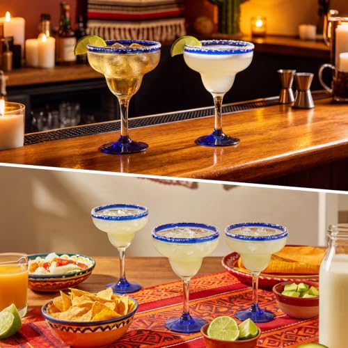 Vesici 6 Pcs Mexican Hand Blown Glass 16oz Large Cobalt Blue Rim Hand Blown Margarita Glasses Stemmed Cocktail Glasses, Authentic Artisan Crafted for Frozen Margaritas, Daiquiris & Parties