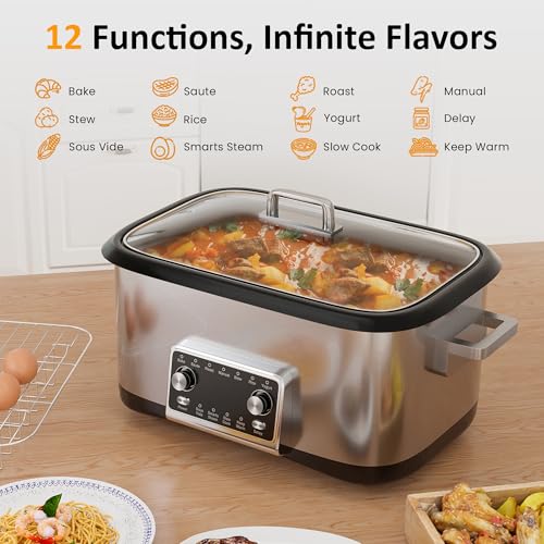 HEYNEMO 12-in-1 Programmable Slow Cooker, 8 Quart Slow Cooker with Timer, Temp Control and Auto Shut Off, Multi Cooker with Steaming Rack, Dishwasher-Safe Visual Glass Lid, Stainless Steel