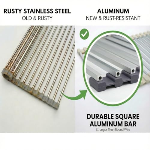 EZYROM Medium Aluminum Roll Up Dish Drying Rack (17" x 13") - Fits Sinks up to 16 Inches, Heavy Duty Square Bar, Rust-Proof & Heat Resistant with Removable Dish Holder (Purple Gray Medium)
