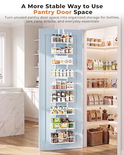 EVERIE Over the Door Pantry Organizer, 9-Tier Heavy Duty Door Storage Rack with Solid Bottom Baskets, Stable No-Bumping Design, Adjustable Hanging Shelves for Kitchen Pantry