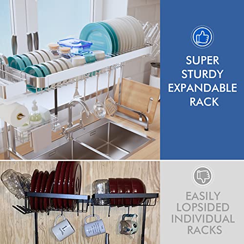 LIVOD Over The Sink Dish Drainer Drying Rack, 2 Tier Full Stainless Steel Storage Adjustable Length Kitchen Rack, Multifunctional Expandable Counter Organizer, Space Saver Dish Rack
