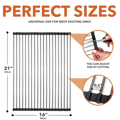 Roll-Up Dish Drying Rack 21"(L) x 16"(W) - Foldable Multipurpose Heat Resistant Large Stainless Steel Kitchen Rollup Dish Drainer Over Sink Mat - Silicone Coated Rims