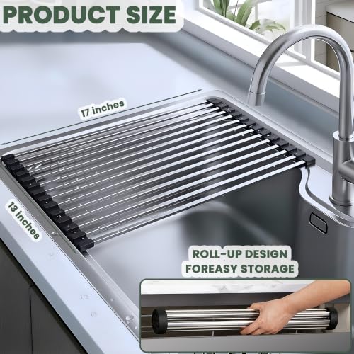 Roll Up Dish Drying Rack Over the Sink 304 Stainless Steel Kitchen Drainer