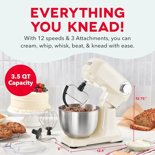 Dash 3.5QT Tilt-Head Stand Mixer - Electric Stand Mixer with Stainless Steel Bowl and Splash Guard For Baking - Cream, 3.5-Quart