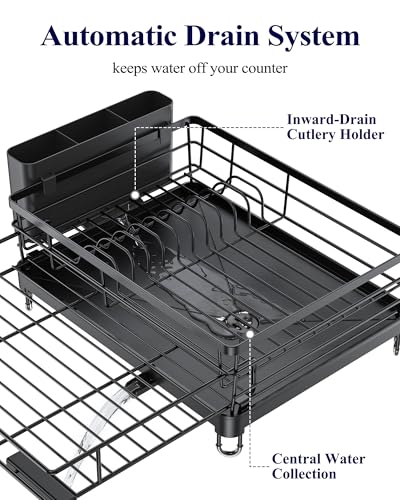 Kitsure Extendable Dish Drying Rack - Rust-Resistant Dish Racks for Kitchen Counter with Adjustable Support Legs, Cutlery Holder & Removable Draining Tray (Black, 15.6''-25.2''L × 16.9''W × 8.1''H)