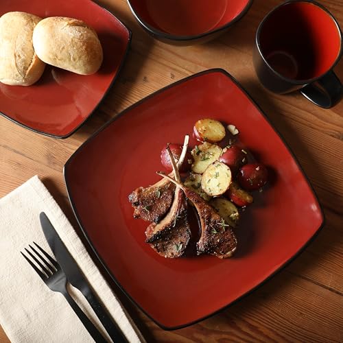 Gibson Elite Soho Lounge Square 16-Piece Dinnerware Set, Service for 4, Reactive Glaze Stoneware Plates and Bowls, Modern Dishes, Microwave & Dishwasher Safe – Red and Black