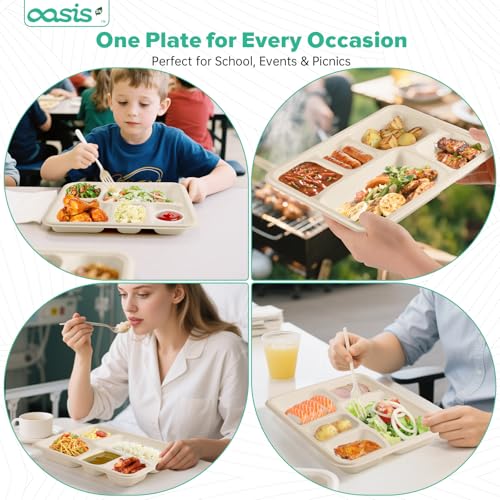 OasisSN 𝟭𝟬 𝗶𝗻𝗰𝗵, 𝟭𝟮𝟴-𝗣𝗮𝗰𝗸 3-Compartment Disposable Paper Plates, Compostable Heavy-Duty Divided Plates for Meal Prep, School Lunches & Party Buffets (Natural)