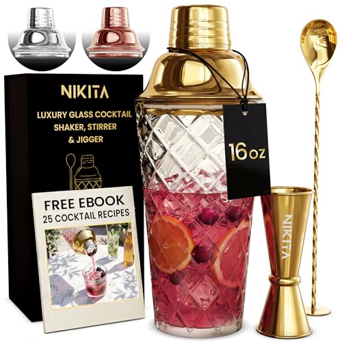 Nikita Cocktail Shaker, 5-Piece Martini Shaker & Bartender Kit with Bar Accessories Strainer, Jigger, Spoon & Muddler, Gold 16oz Drink Mixer with Bartender Accessories