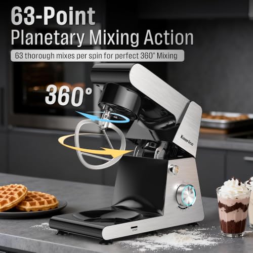 Kourice 6.5QT Tilt-Head Stand Mixer, Heavy Duty Pro 10-Speed Electric Mixer, Stainless Steel Cladding & Bowl with Dough Hook, Wire Whisk and Flat Beater for Home Baking, Bread, Cake, Pizza Dough
