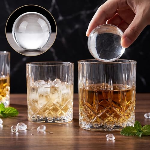 Qipecedm Old Fashioned Whiskey Glasses, Set of 4 (2 Crystal Bourbon Glasses, 2 Round Big Ice Ball Molds) In Gift Box - 11 Oz Rocks Glass, Barware for Scotch Cocktail Rum Vodka Liquor, Gifts for Men