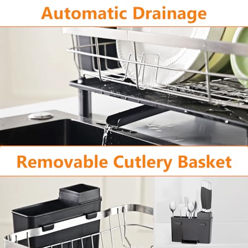 AIDERLY Stainless Steel Dish Drying Rack Dish Drainer, Black