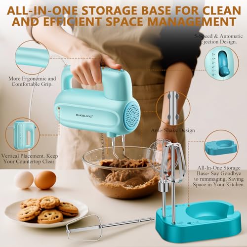 BAIGELONG Hand Electric Mixer, 5-Speed KitchenMixer with 5 * 304 Stainless Steel Attachments + Storage Base, Food Handheld Mixer for Baking, Whipping Cream, Cake Mixing, Blue