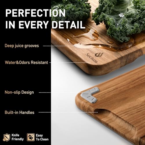 3 Pack Teak Wood Cutting Board Set for Kitchen Charcuterie Board Serving Heavy Duty Non Toxic Slip Over Sink Solid Thick Haus Wooden Chopping Board Large Big Small Meat Best Kitchen Mother Gift