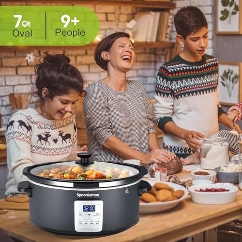 7QT 280W Electric Slow Cooker, Digital 20H Timer & 3-Level Heat Settings, Oval Ceramic Inner Pot, Black, for Family Dinners