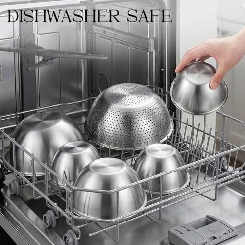 DUTZUN Heavy-Duty Stainless Steel Mixing Bowls Set of 5 plus 3QT Colander, Nesting Kitchen Metal Bowl for Baking Prep Salads Serving Cooking, Dishwasher Safe — 4.0 to 0.8 QT