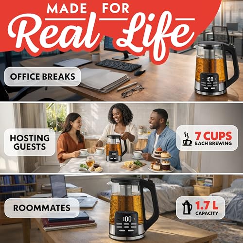 Gourmia Electric Glass Kettle – 1.7L Programmable Tea & Coffee Brewer with Digital Touch Display, 6 Presets, Removable Stainless Steel Infuser, Cordless with 360° Swivel Base, Black