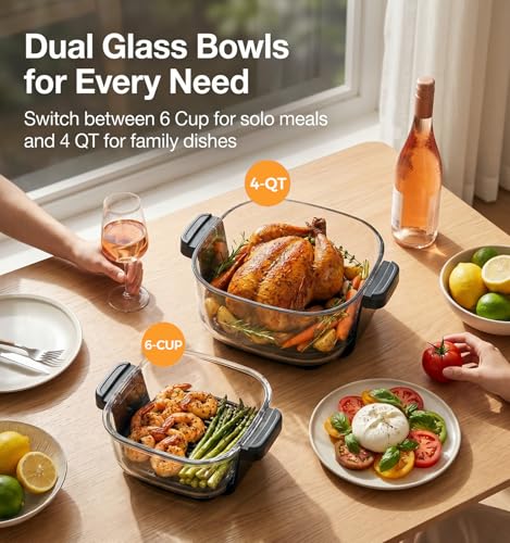 5-in-1 Glass Air Fryer for Zero-Oil Healthy Cooking, Space-Saving 1500W Countertop Cooker with 4QT 6-Cup Glass Bowl, Non-ToxicSafe & Dishwasher Friendly for Small & Large Family Meals