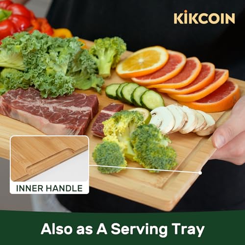 Kikcoin 17”×11” Bamboo Cutting Boards for Kitchen, Healthy Wooden Cutting Boards for Kitchen, Charcuterie, Extra Large Chopping Boards with Deep Juice Groove, Fathers Day Gift for Men, Natural
