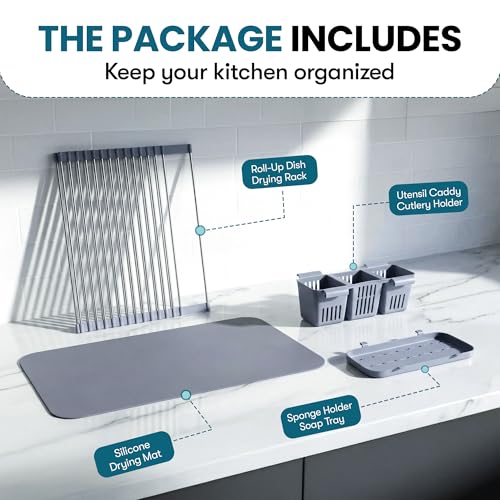 Havenity™ Expandable Roll Up Dish Drying Rack with Drying Mat - Adjustable Up to 22.75" with 2 Free Attachments & 2 Removable Baskets, 304 Stainless Steel Over The Sink Dish Drying Rack Cover Kitchen