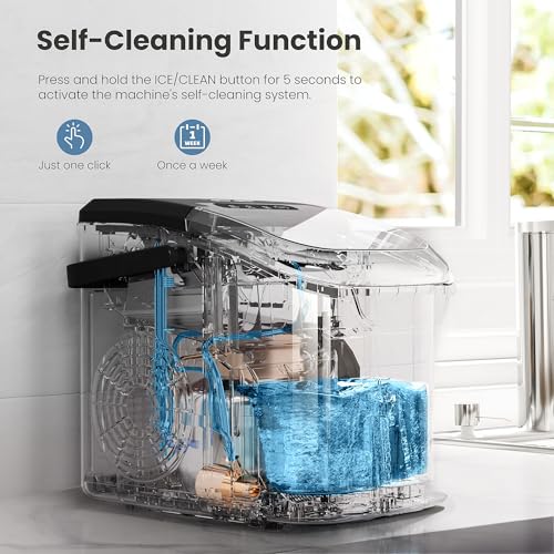 Countertop Portable Ice Maker Machine with Handle, 8 Bullet-Shaped Ice Cubes Ready in 6 Mins, 26Lbs/24H, Self-Cleaning Function with Ice Scoop and Basket for Home/Kitchen/Party (Black)