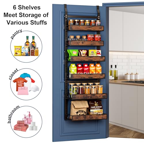 Clothink 8 Tier Over The Door Pantry Orangizer 2 IN 1 Wall Mounted or Hanging Spice Rack with Adjustable Wood Basket,Heavy Duty Seasoning Storage Shelf for Kitchen Pantry and Bathroom