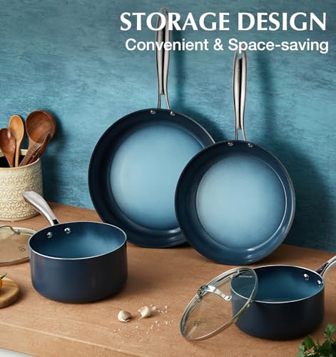 KOCH SYSTEME CS Nonstick Sauce Pan with Lid 1QT & 2QT & 3QT, 6pcs Nonstick Saucepan Set with Cool-Touch Handles, Pot Set with Ceramic Coating, Induction Compatible Sauce Pan, Oven Safe, Gradient Blue
