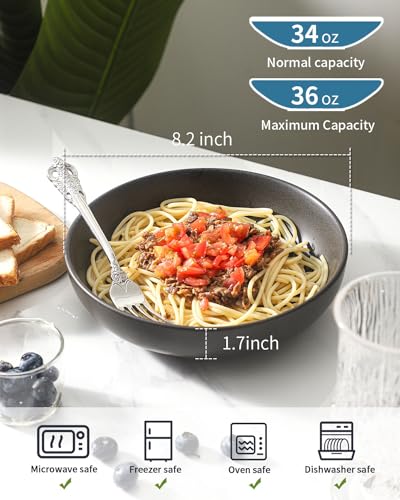 Tikooere Stoneware Pasta Bowls, 34 oz Large Salad Bowl Set of 4, Ceramic Serving Bowls for Ramen, Pasta, Fruit, Cereal, Dinner, Wide and Shallow Bowls, Microwave & Dishwasher Safe, Matte Black