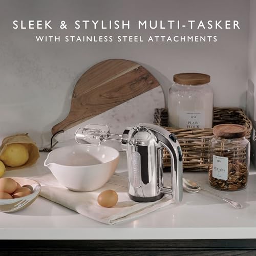 Dualit Hand Mixer - 300W- Strong Grip Handle - Attachments Included - Integral Plug Storage - 4 Speed Settings - Repairable gears - Flat Beaters, Dough Hooks, Balloon Whisk