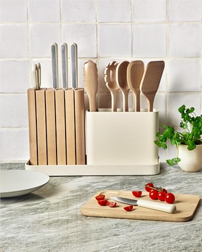 Caraway 14-Piece Kitchen Prep Set - Kitchen Knife Set & Wooden Utensil Set - Made With Premium German Steel Blades & FSC-Certified Birch Wood - Non-Toxic Materials - Includes Organizer - Cream