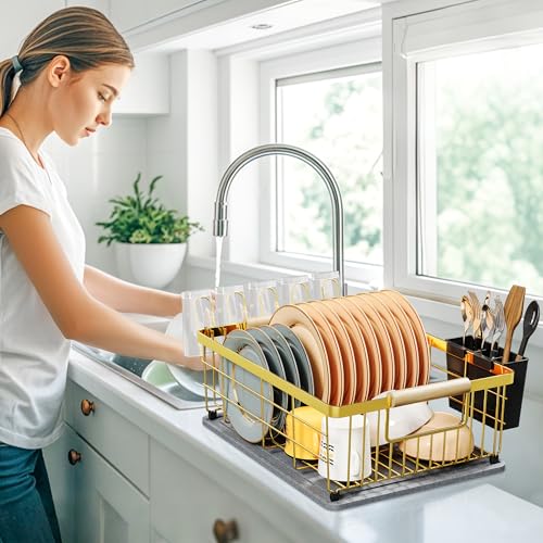 IBEDMAZIE Dish Drying Rack Gold with Diatomaceous Earth 1 Tier,Multifunctional Dish Racks for Kitchen Counter Quick-Drying,Large Capacity Space Saving with Cutlery Cups Holder