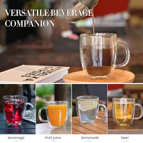 YUNCANG Double Wall Coffee Mugs, (4-Pcak) 16 Ounces-Clear Glass Cups with Handle,lnsulated,Cappuccino,Tea,Latte Cups,Beverage Glasses Heat Resistant