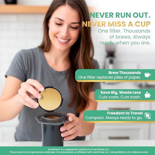 Gold Reusable Disc Filter Compatible with AeroPress STANDARD Coffee Makers – Fits Original, Clear, Premium, Go & Go Plus – Titanium-Coated Stainless Steel, Washable, Eco-Friendly - By Think Crucial
