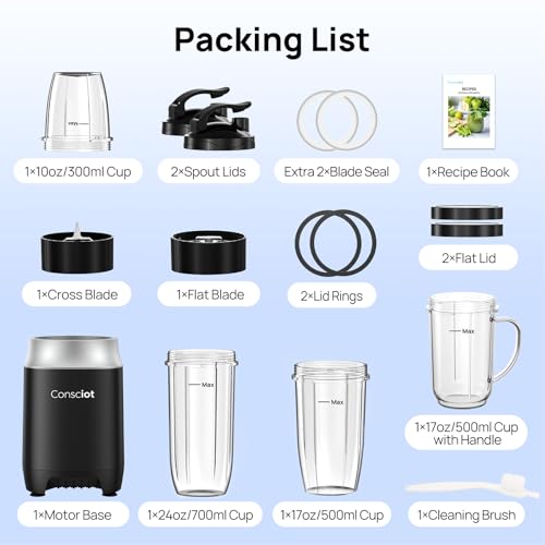 Consciot CB10 16Pcs Personal and Countertop Blender Combo, Coffee and Spice Grinder, Make Shakes and Smoothies, Frozen Drinks, Baby Food, Spreads & More, 4 Portable BPA Free To-Go Cups, 900 Peak Watt