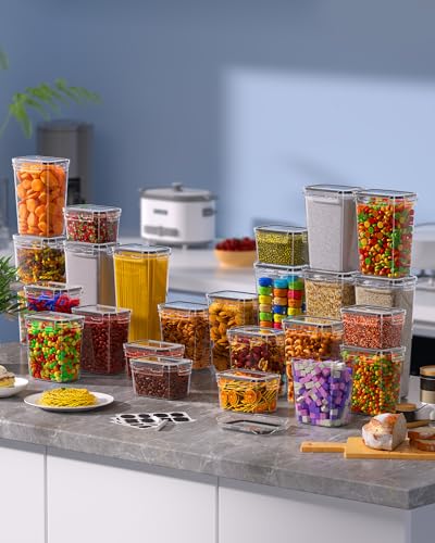 Airtight Food Storage Containers with Lids, 24 PCS Kitchen and Pantry Organization Canisters, BPA-Free, PVC-Free, Food-grade Plastic Leak-proof Jars for Cereal, Flour, Sugar, Extra 24 Labels & Marker